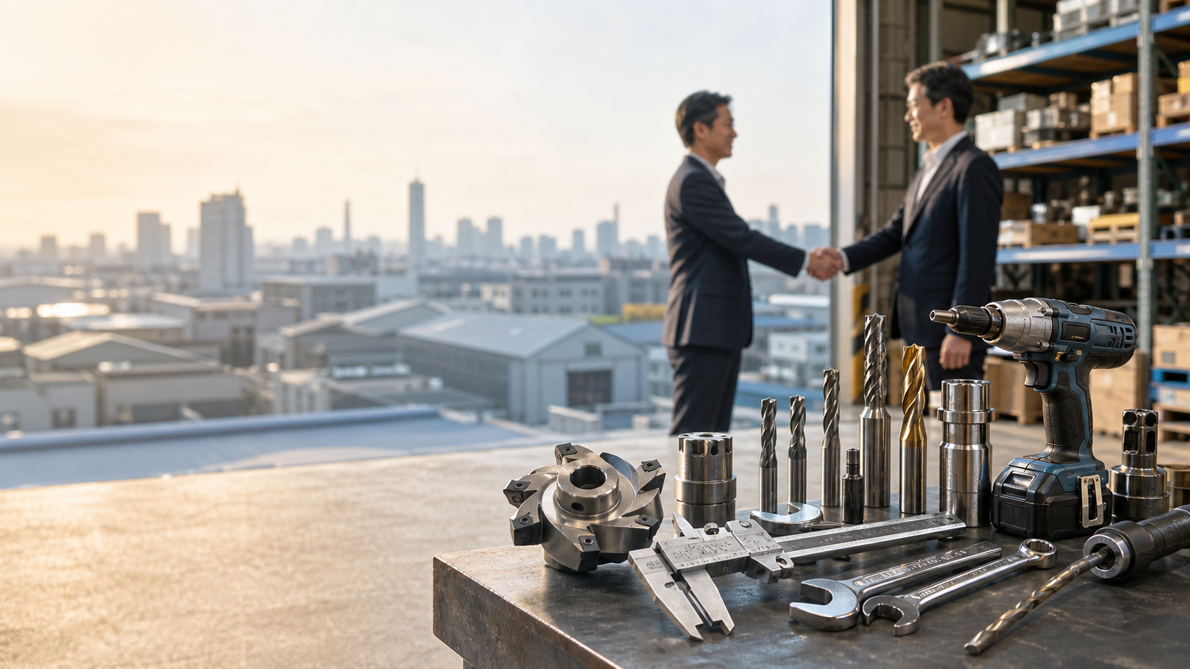 工具や測定器を並べた作業台と、倉庫で握手する二人のイメージ