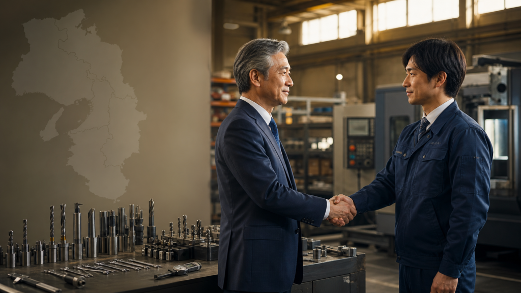 近畿の工具会社M&Aと事業承継をイメージした二世代経営者の握手