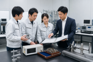 測定機器が並ぶ室内で、測定用部品と資料を確認する人々のイメージ