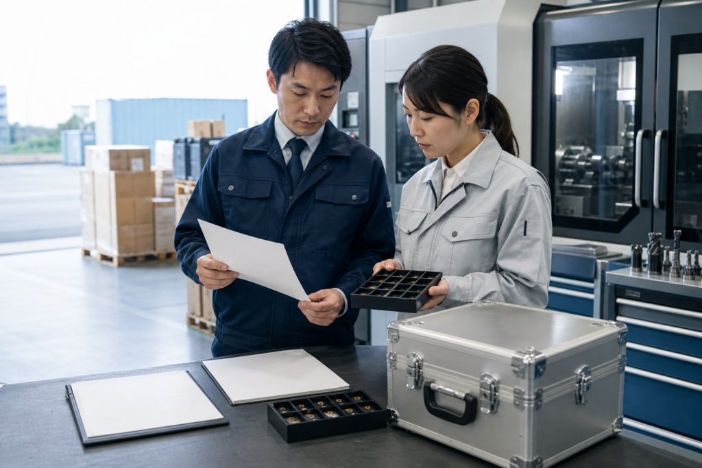 工作機械のある作業場で、工具のサンプルと書類を確認する二人のイメージ