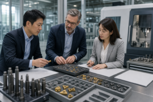 切削工具のサンプルと資料を囲んで話し合う人々のイメージ