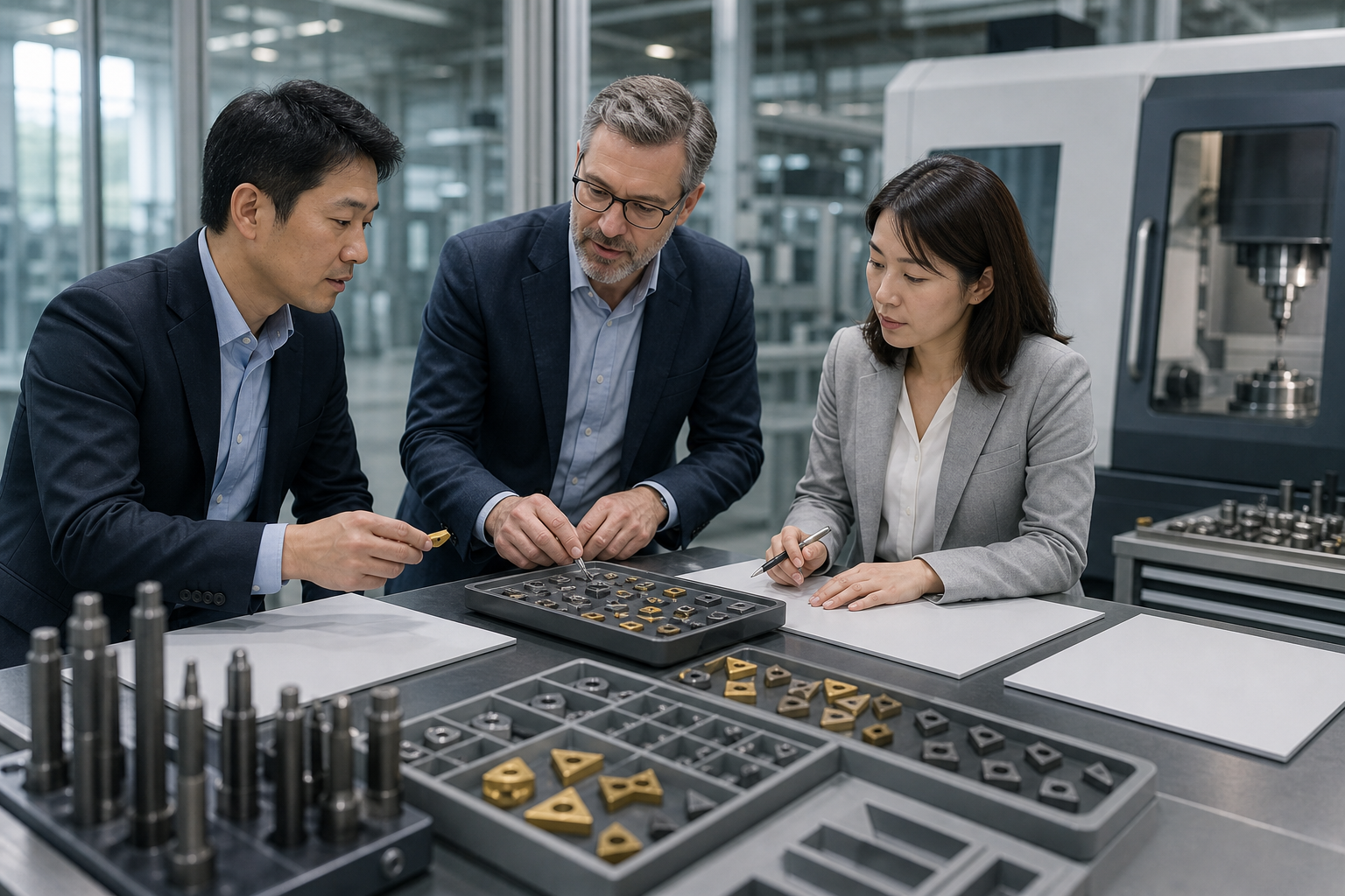 切削工具のサンプルと資料を囲んで話し合う人々のイメージ