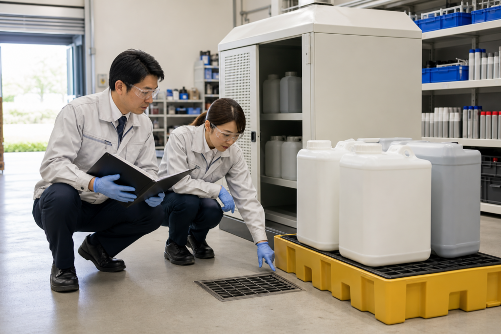 保護眼鏡と手袋を着け、保管容器や受け皿の周囲を点検する二人のイメージ