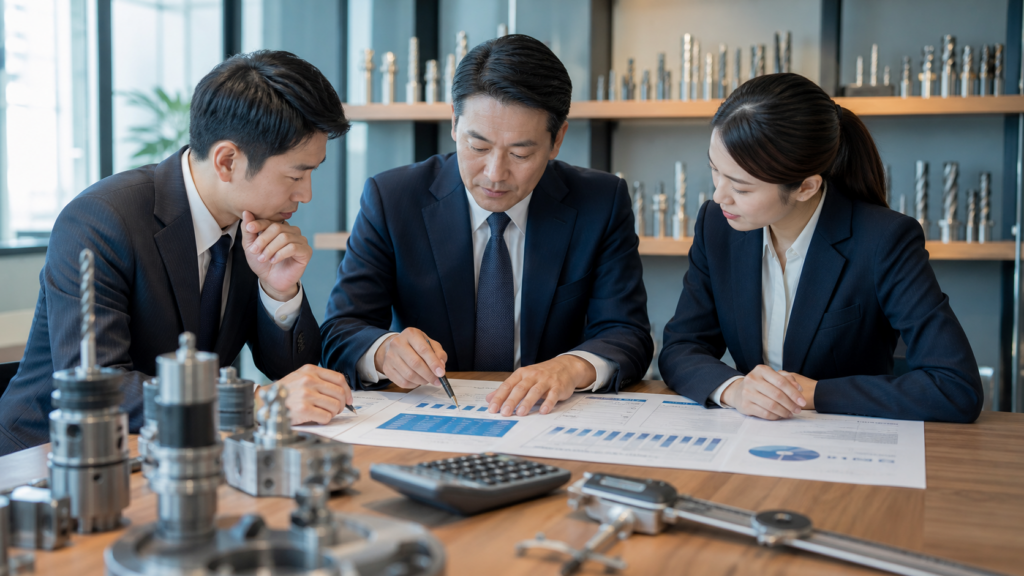 機械工具商社のM&Aで財務資料と工具を確認するデューデリジェンス担当者
