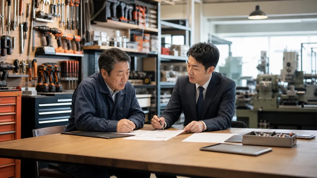工具会社の事業承継について資料を確認する経営者とM&Aアドバイザーの相談風景イメージ