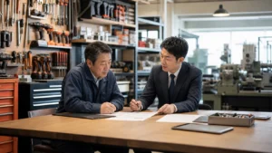 工具会社の事業承継について資料を確認する経営者とM&Aアドバイザーの相談風景イメージ