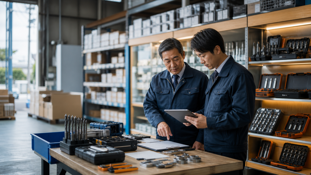 工具会社M&Aで機械工具在庫を確認する経営者と承継者