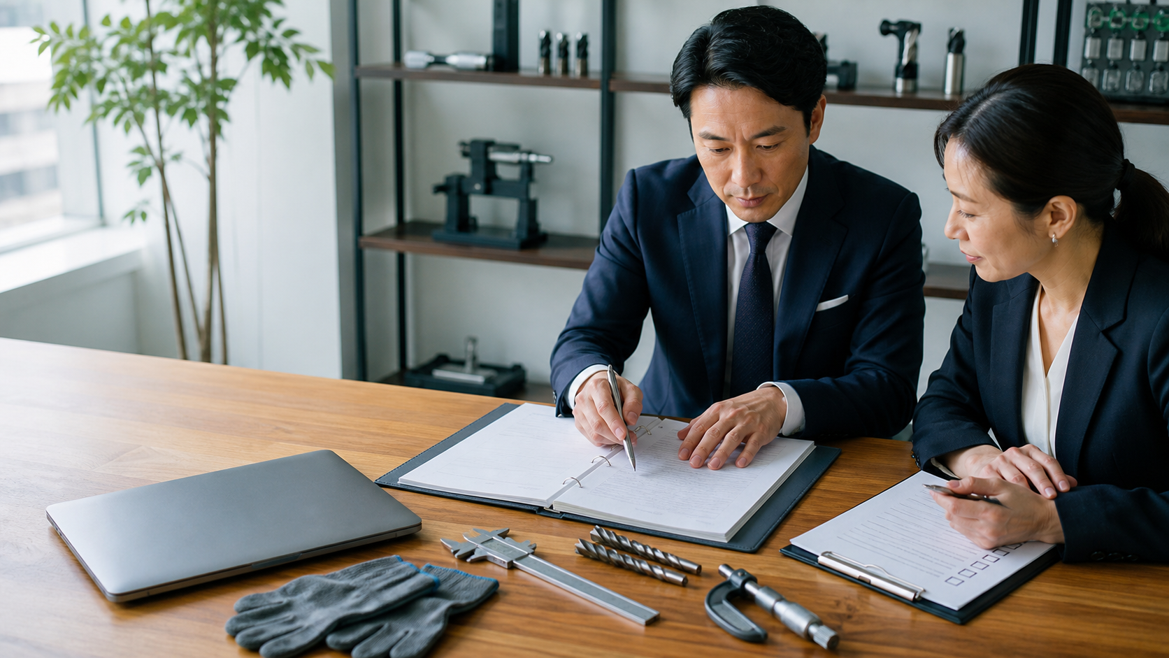 工具会社M&Aで契約書と精密工具を確認する法務デューデリジェンス担当者