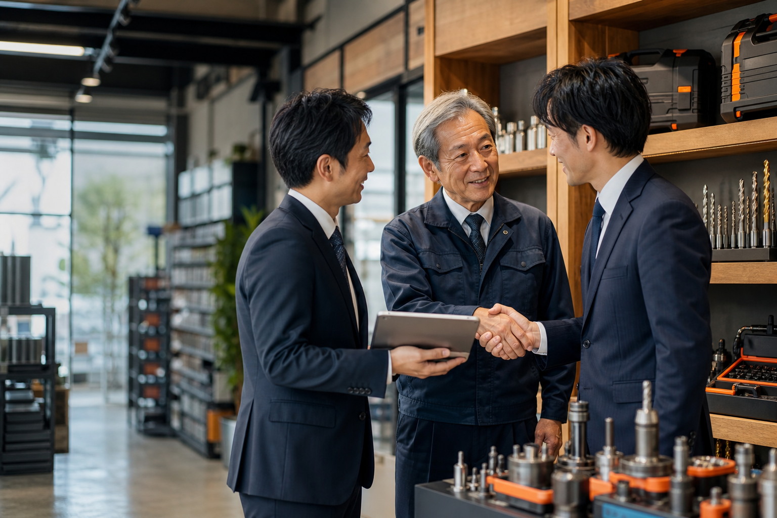 工具会社M&Aで経営者が後継者へ顧客関係を引き継ぐ場面