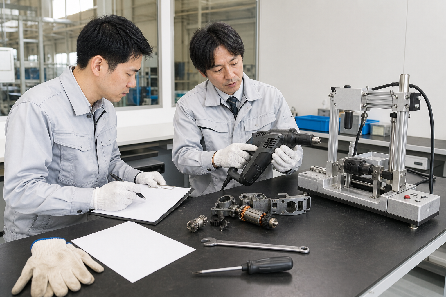 試験装置のある作業台で、電動工具と部品を確認する二人のイメージ
