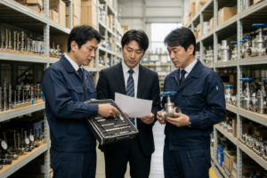 工具や配管部材が並ぶ倉庫で、部品と資料を確認する人々のイメージ